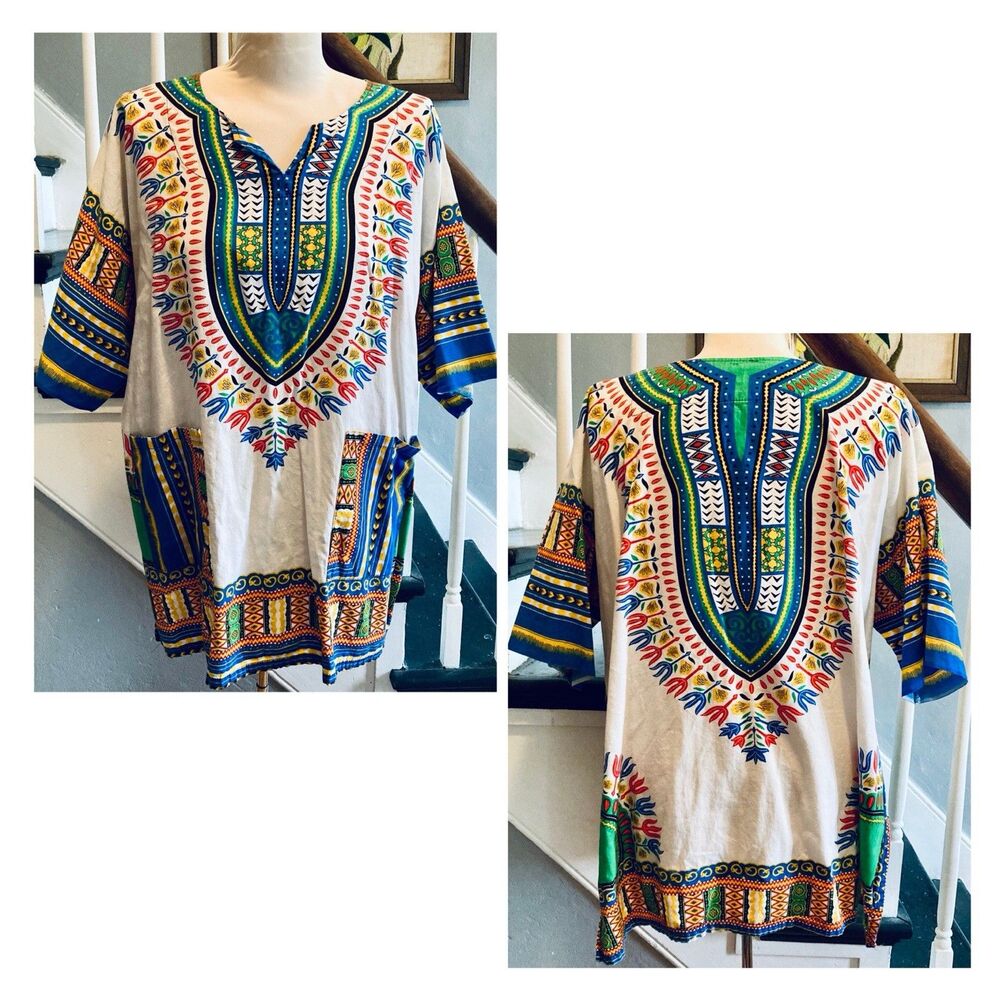1980s White And Primary Colors Cotton Dashiki Tunic Pakistan India Africa Hippie